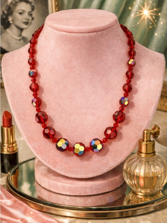 Jewelry - ✨ Vintage Ruby Red Aurora Borealis Crystal Necklace | Faceted Statement Glam